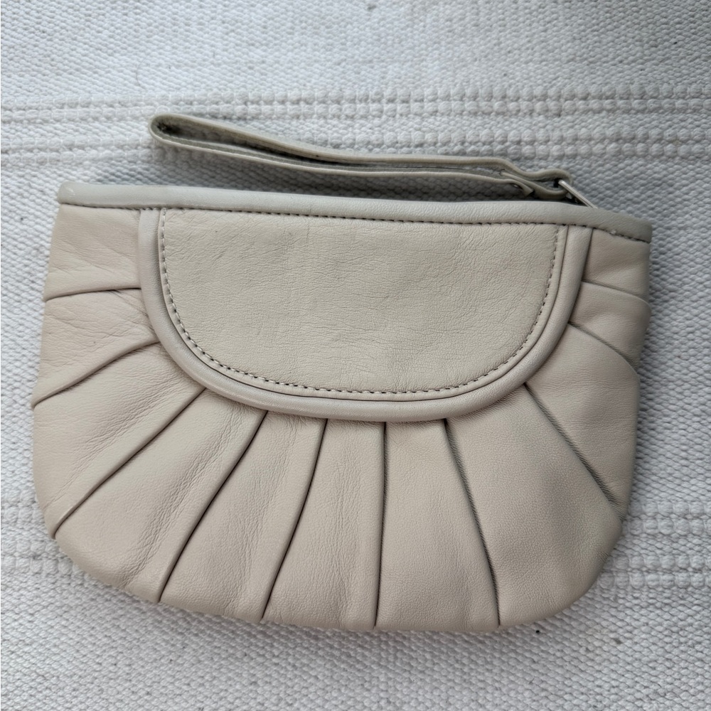 Cream Mini Bag with Pleated Design and Wrist Strap